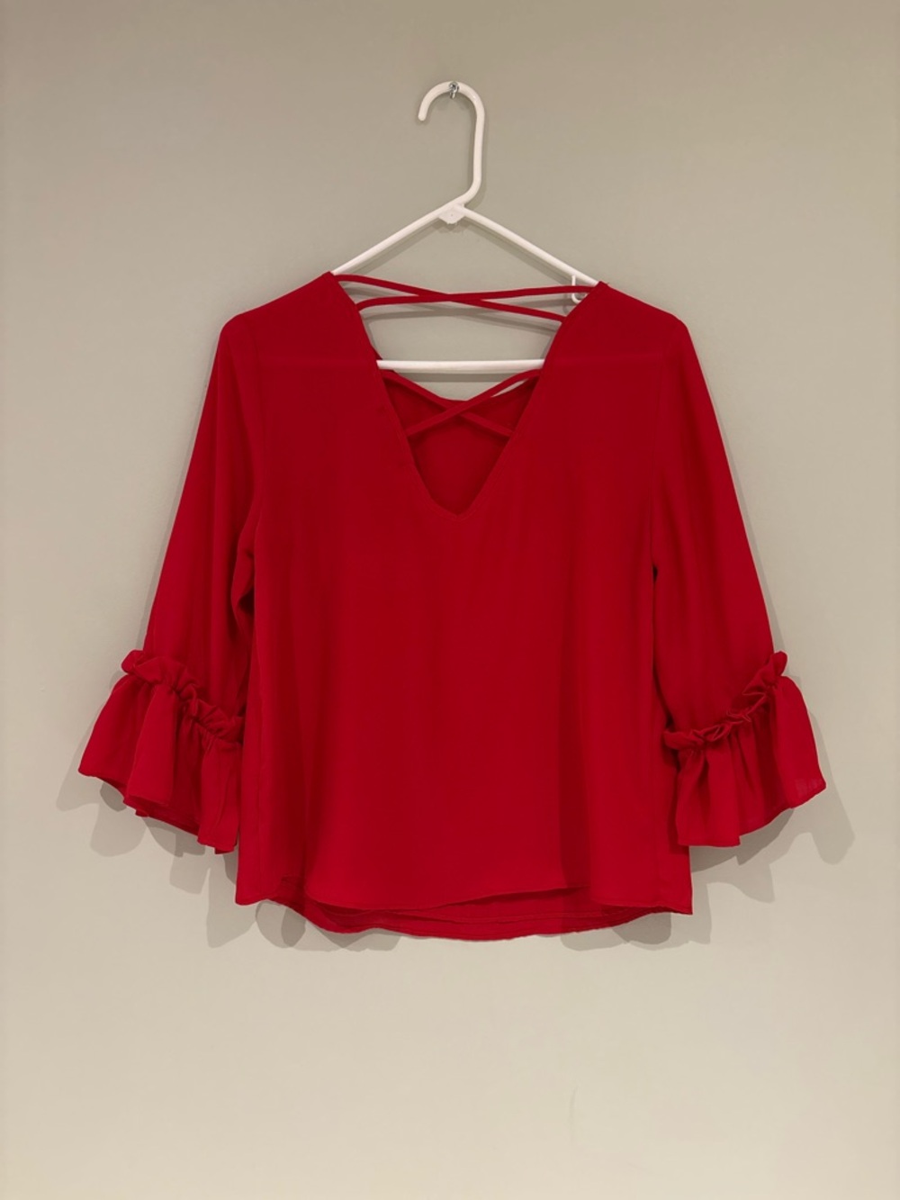 Flowy Red Ruffle Sleeve Women's Top - Picture 3 of 6